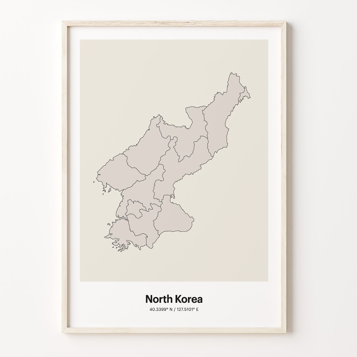North Korea Minimalist Map Poster With Printed Coordinates Neutral Home Decor