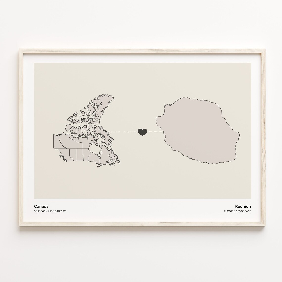 Canada to Réunion Minimalist Heart Couple Connection Map Poster