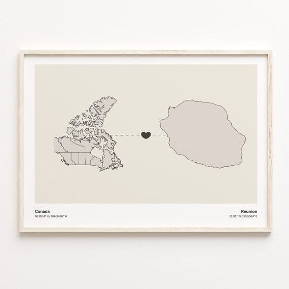 Canada to Réunion Minimalist Heart Couple Connection Map Poster