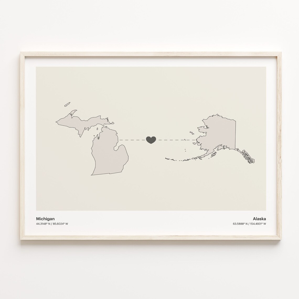 Michigan To Alaska Heart Connection Minimalist Beige Map Poster