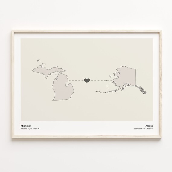 Michigan To Alaska Heart Connection Minimalist Beige Map Poster