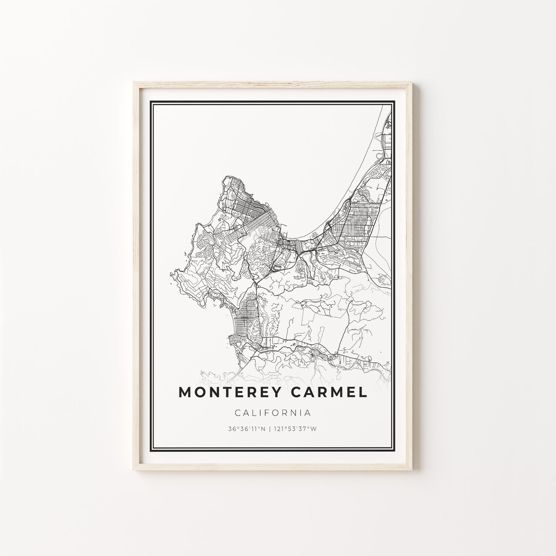 Monterey Carmel California Minimalist Black White City Street Map Art Poster