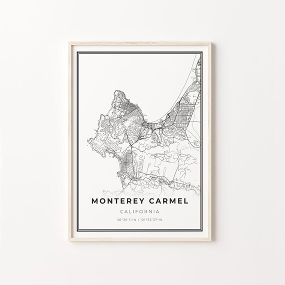Monterey Carmel California Minimalist Black White City Street Map Art Poster