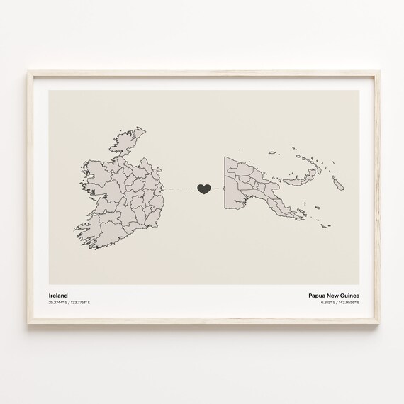 Ireland to Papua New Guinea Heart Map Long Distance Love Poster