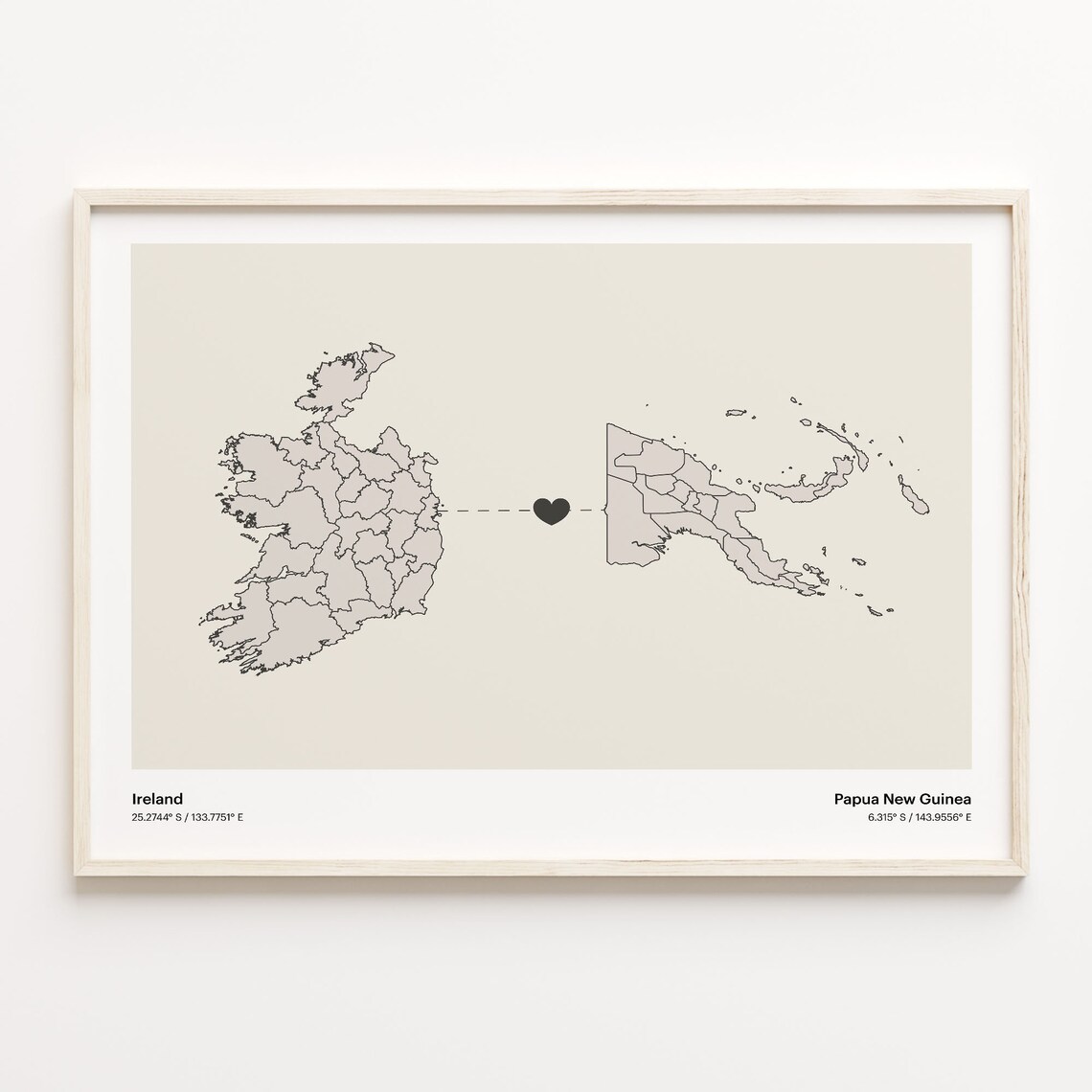Ireland to Papua New Guinea Heart Map Long Distance Love Poster