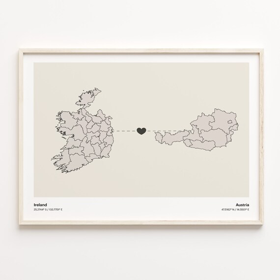 Ireland to Austria Heartfelt Long Distance Connection Map Poster