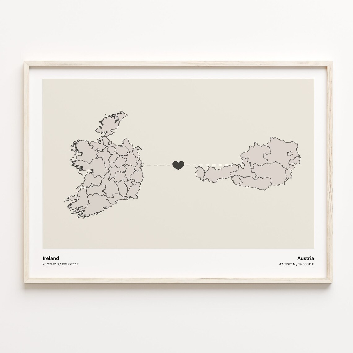 Ireland to Austria Heartfelt Long Distance Connection Map Poster