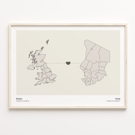 Britain To Chad Long Distance Love Heart Map Minimalist Poster