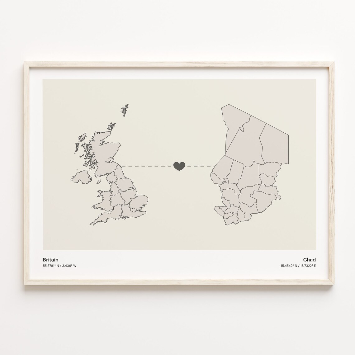 Britain To Chad Long Distance Love Heart Map Minimalist Poster