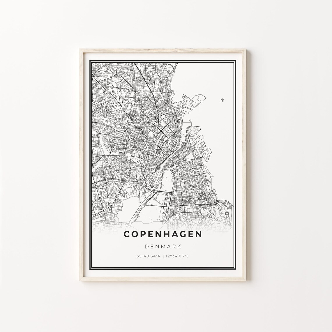 Copenhagen City Map, Modern Black and White Art Print