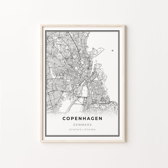 Copenhagen City Map, Modern Black and White Art Print