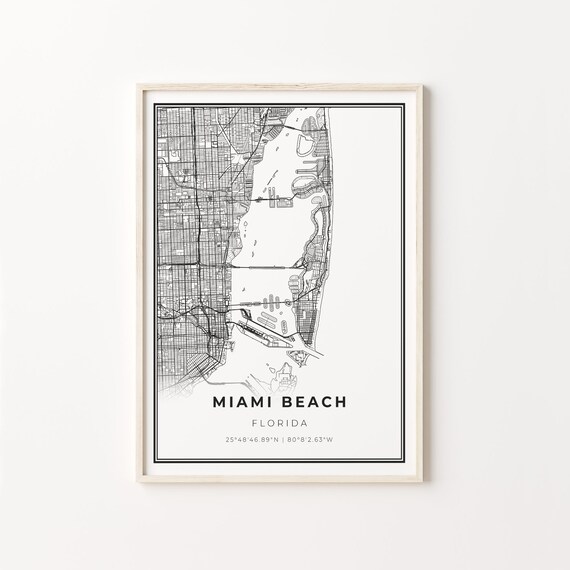 Miami Beach Florida Minimalist Black And White City Map Art Poster