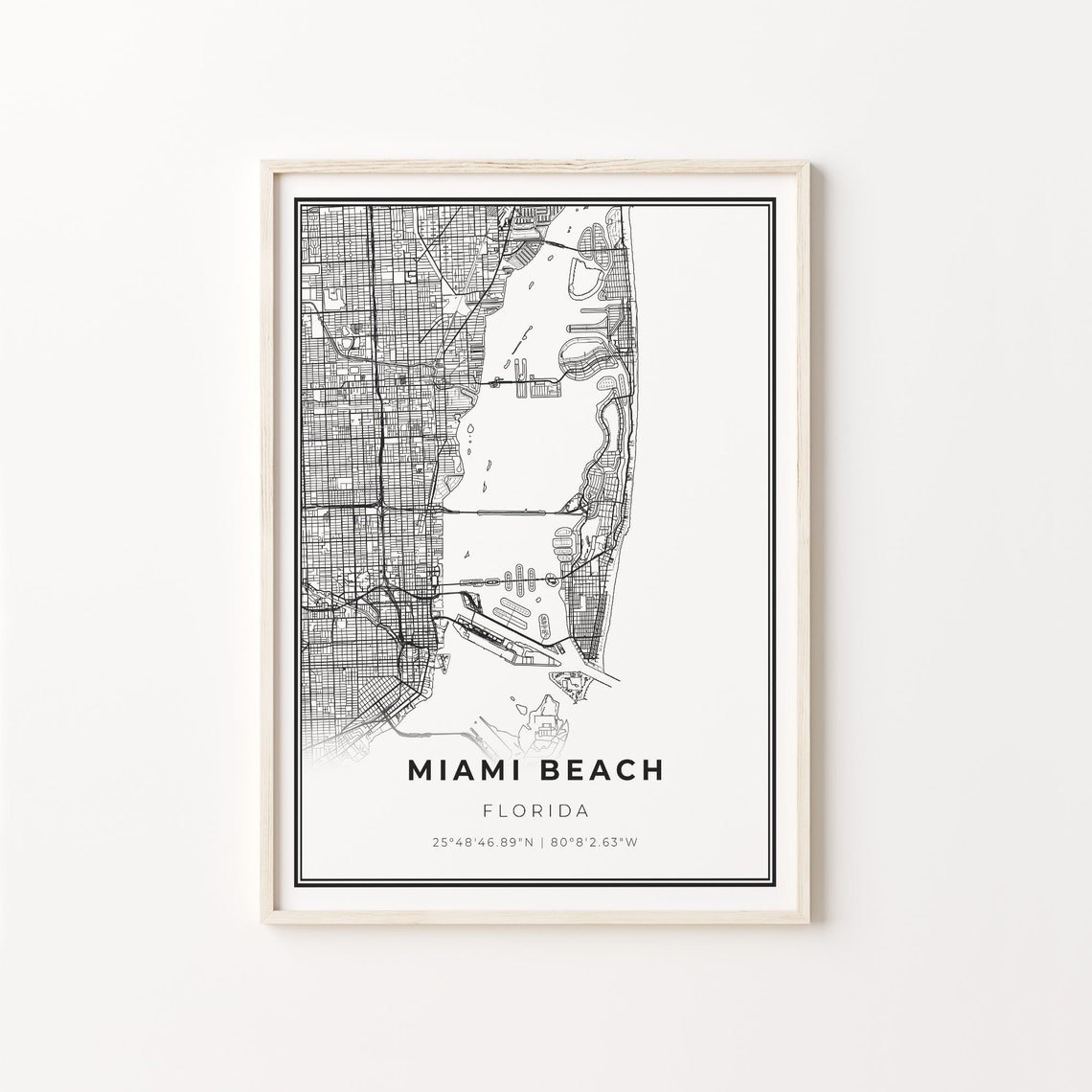 Miami Beach Florida Minimalist Black And White City Map Art Poster