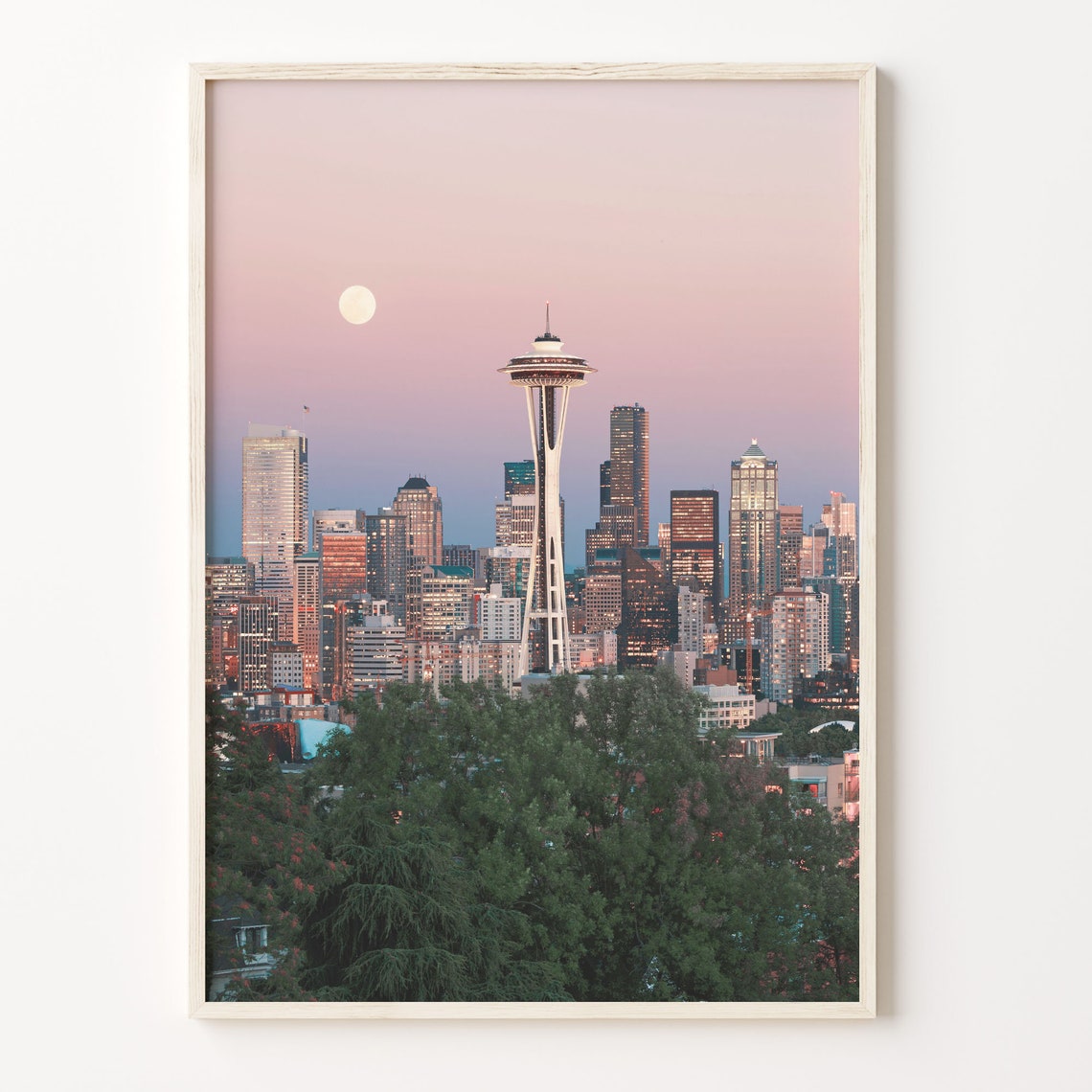 Seattle Space Needle Full Moon City Skyline Evening Photo Poster