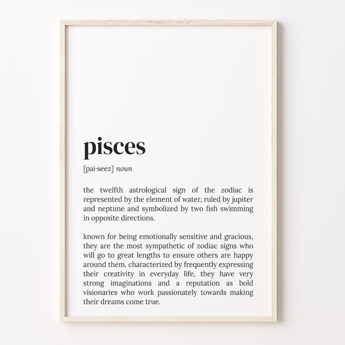 Pisces Definition Dictionary Poster, Zodiac Sign Art Print