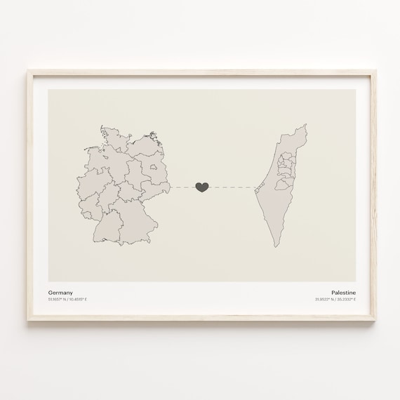 Germany To Palestine Soft Beige Heart Connection Minimalist Map Poster