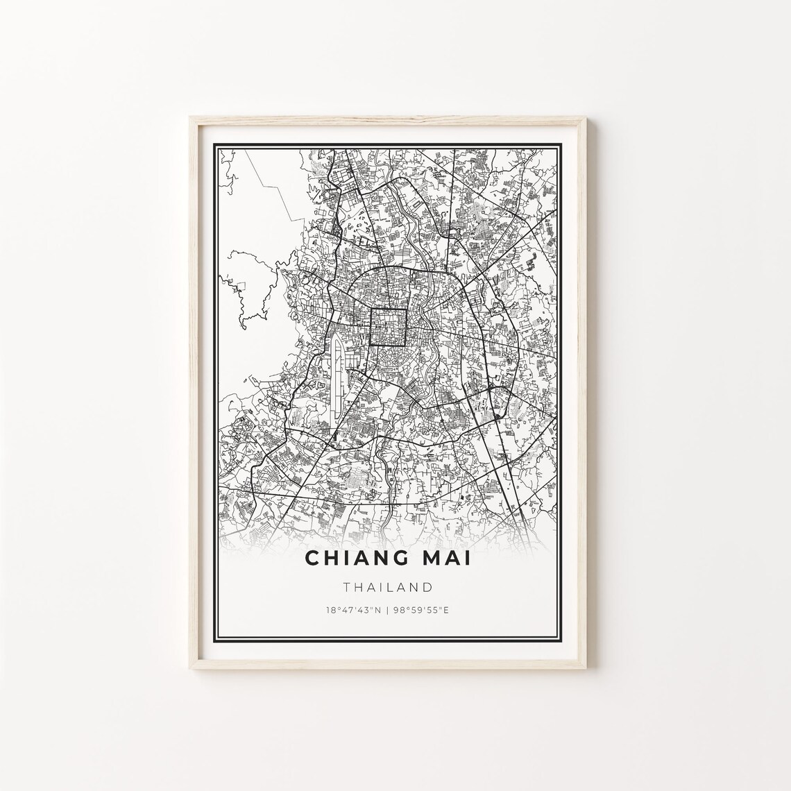 Chiang Mai Thailand Minimalist Black White City Street Map Art Poster