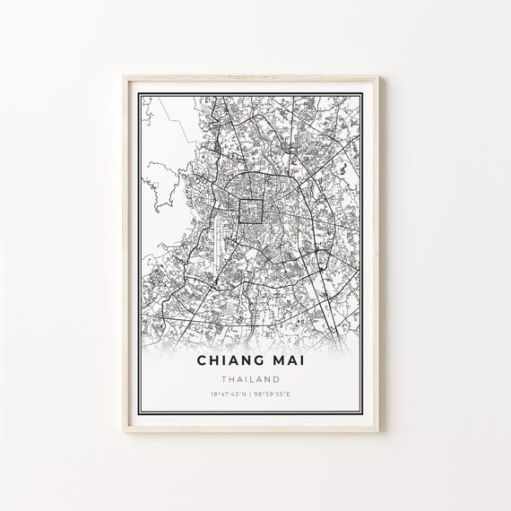 Chiang Mai Thailand Minimalist Black White City Street Map Art Poster