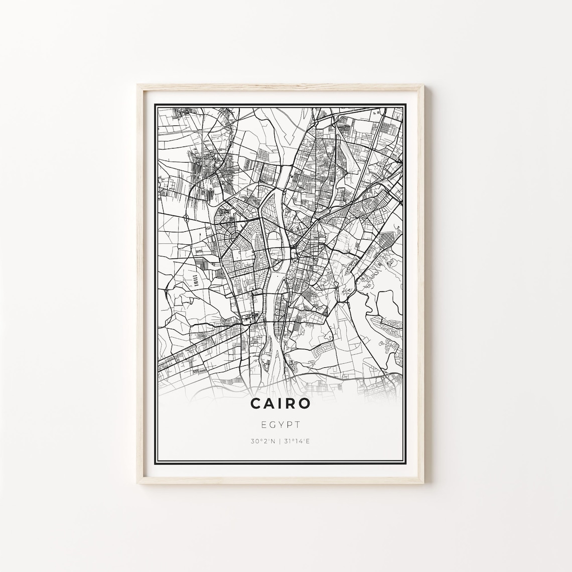 Cairo City Map Art Print, Modern Black and White