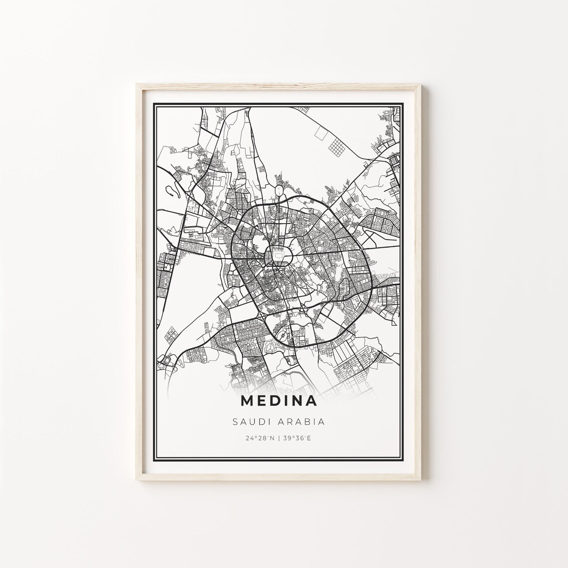 Medina Saudi Arabia Modern Black And White Street Map Coordinates Poster