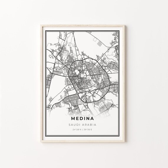 Medina Saudi Arabia Modern Black And White Street Map Coordinates Poster