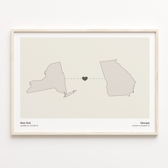 New York and Georgia Couple Long Distance Love Heart Map Poster