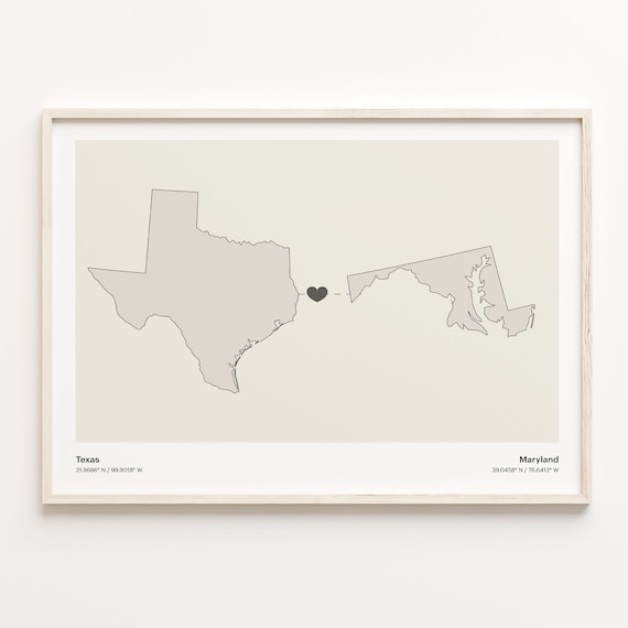 Texas to Maryland Minimalist Heart Map Long Distance Gift Poster