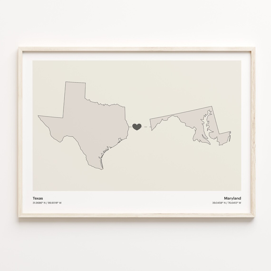 Texas to Maryland Minimalist Heart Map Long Distance Gift Poster