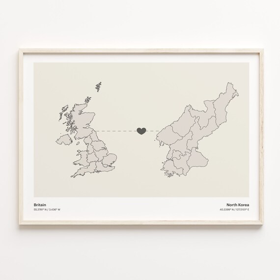 Britain North Korea Heart Connection Long Distance Love Map Poster