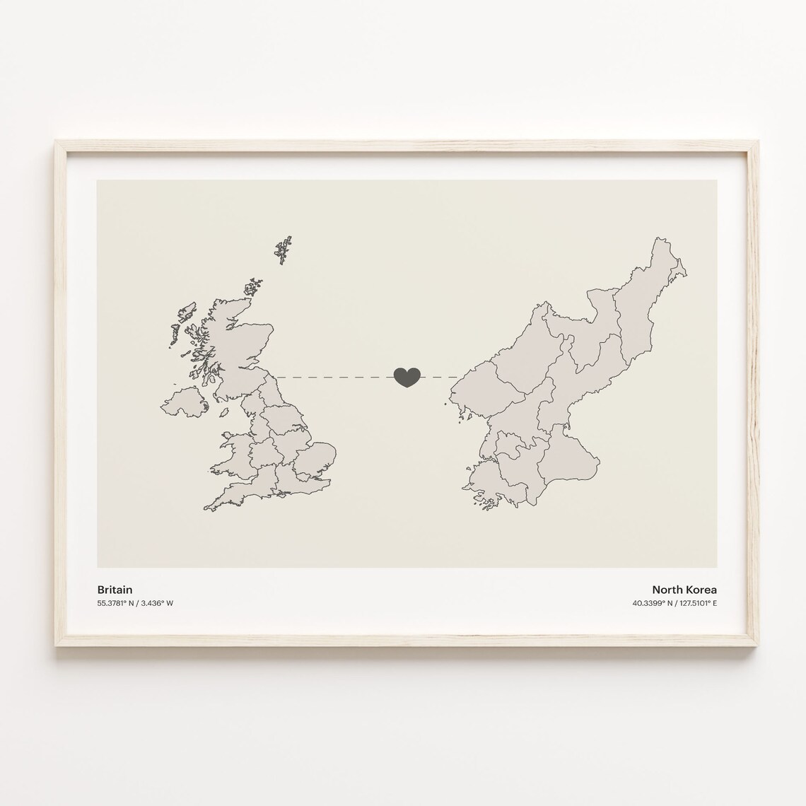 Britain North Korea Heart Connection Long Distance Love Map Poster