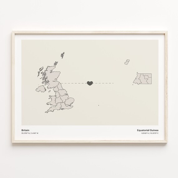 Britain to Equatorial Guinea Minimalist Heart Map Art Poster