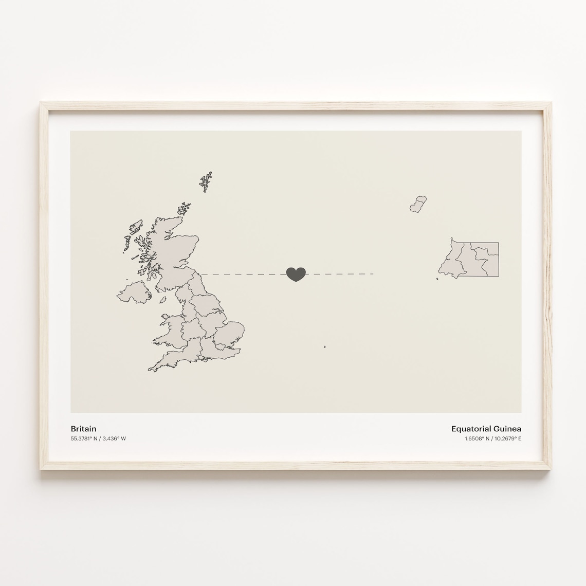 Britain to Equatorial Guinea Minimalist Heart Map Art Poster