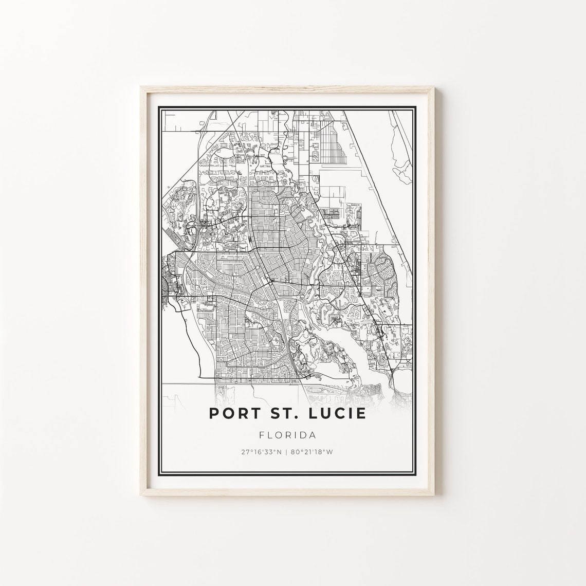 Port St. Lucie Florida Modern Minimalist Black White Street Map Poster