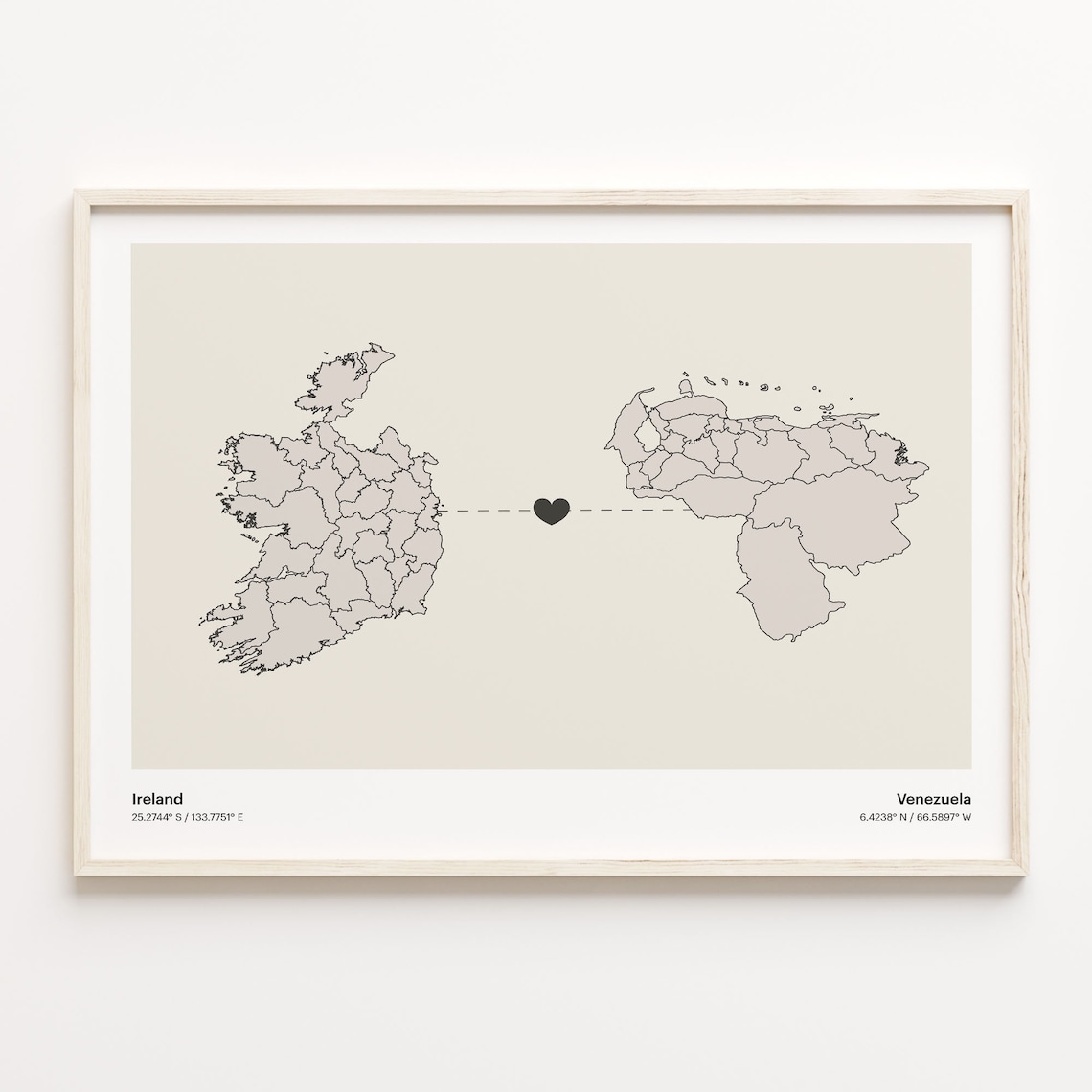Ireland To Venezuela Heart Connection Minimalist Beige Map Poster