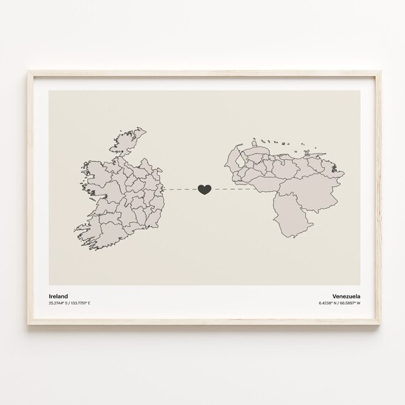 Ireland To Venezuela Heart Connection Minimalist Beige Map Poster