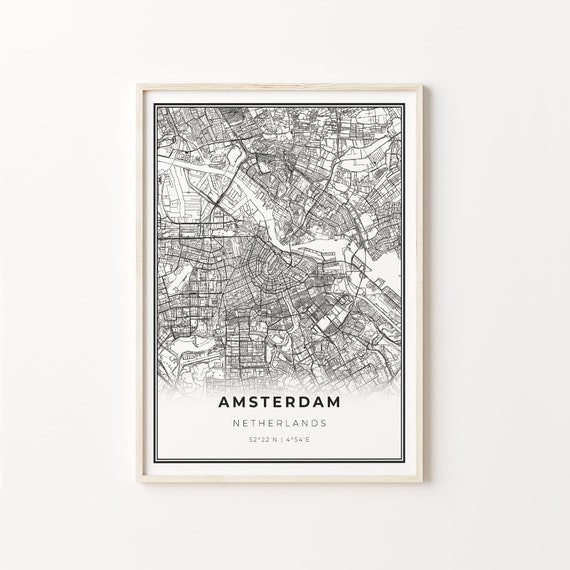 Amsterdam City Map Art Print, Modern Black and White