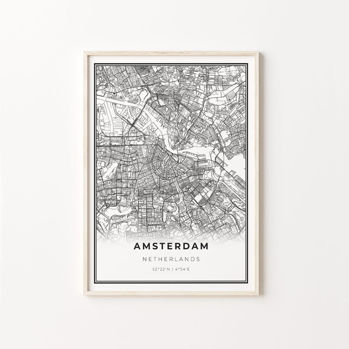 Amsterdam City Map Art Print, Modern Black and White