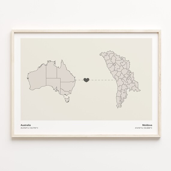 Australia To Moldova Heart Map Minimalist Country Connection Poster