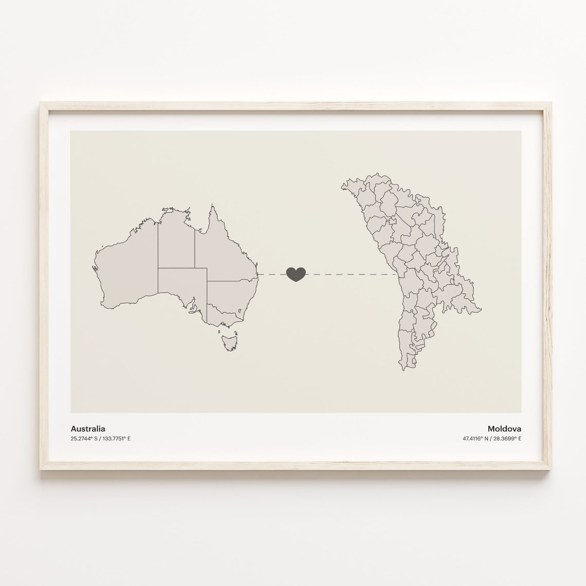 Australia To Moldova Heart Map Minimalist Country Connection Poster