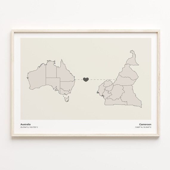 Australia to Cameroon Minimalist Heart Connection Map Poster