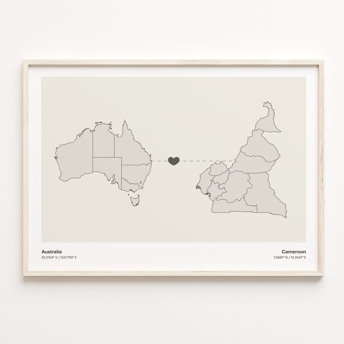 Australia to Cameroon Minimalist Heart Connection Map Poster