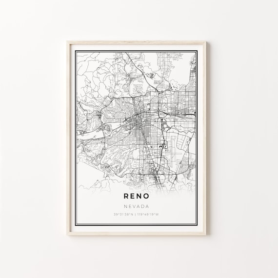 Reno Nevada Minimalist Black White City Street Map Art Poster