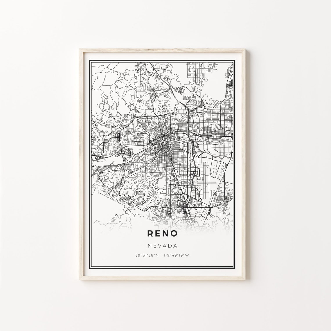 Reno Nevada Minimalist Black White City Street Map Art Poster