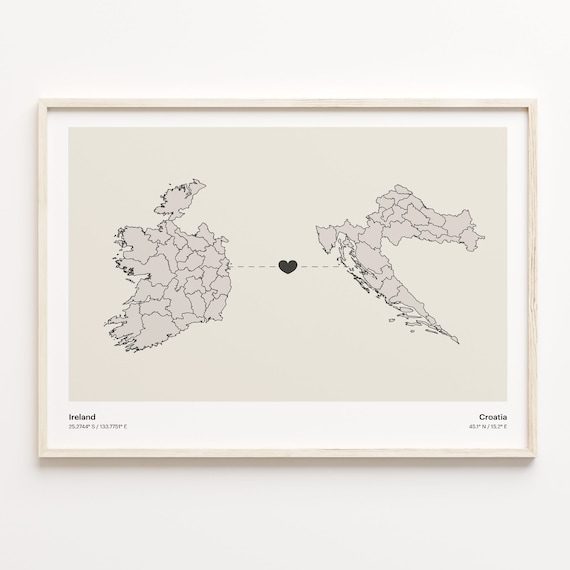 Ireland and Croatia Couple Long Distance Love Heart Map Poster