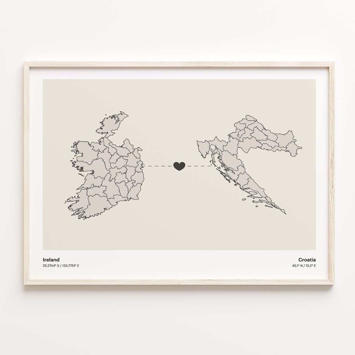Ireland and Croatia Couple Long Distance Love Heart Map Poster