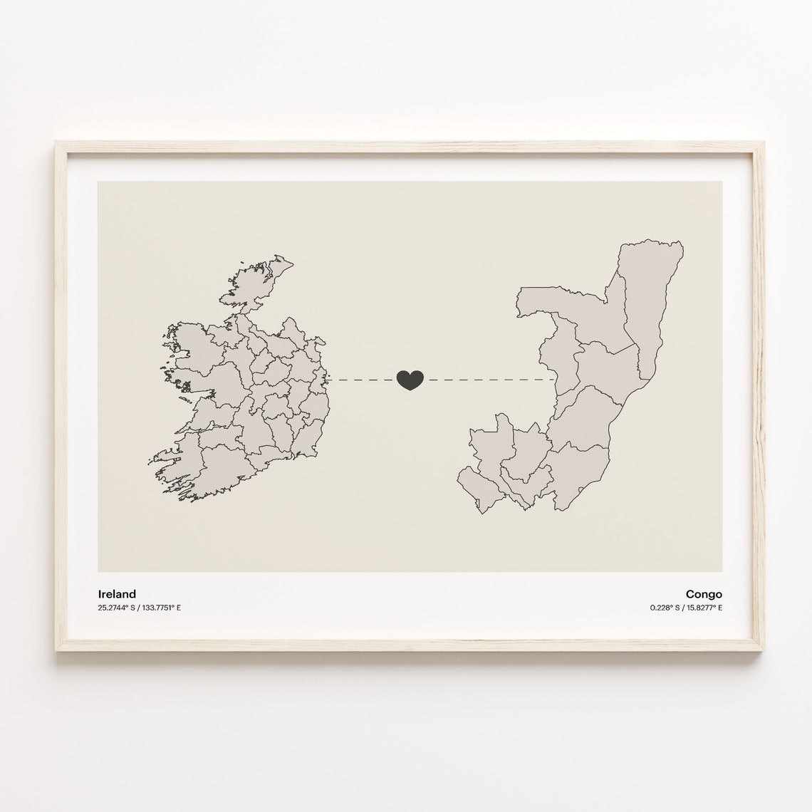 Ireland to Congo Heartfelt Long Distance Connection Map Poster