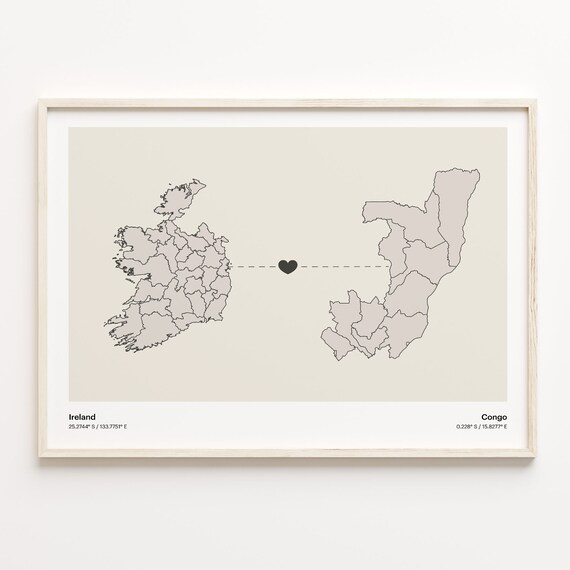 Ireland to Congo Heartfelt Long Distance Connection Map Poster