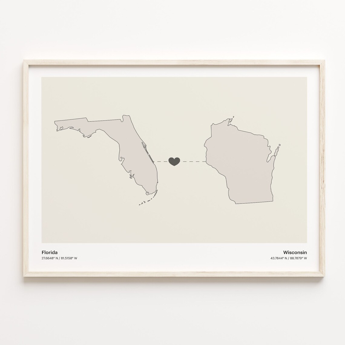 Florida to Wisconsin Long Distance Heart Connection Map Poster Gift