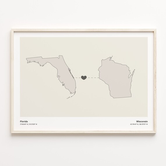 Florida to Wisconsin Long Distance Heart Connection Map Poster Gift