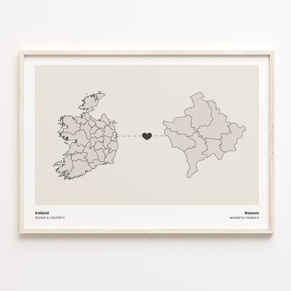 Ireland Kosovo Heart Connection Map Poster for Long Distance